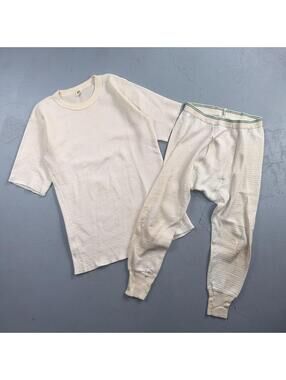 Vintage 70s Hanes Thermal Waffle Shirt & Pants Set Distressed White Green